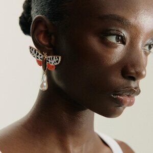 Zara Butterfly Pearl Drop Earrings Recycled Zinc Statement Jewelry Insect NWT